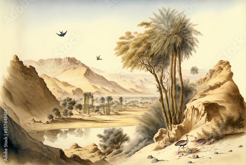 Leinwand Poster Wallpaper of a desert oasis with valleys, desert birds and butterflies in a land