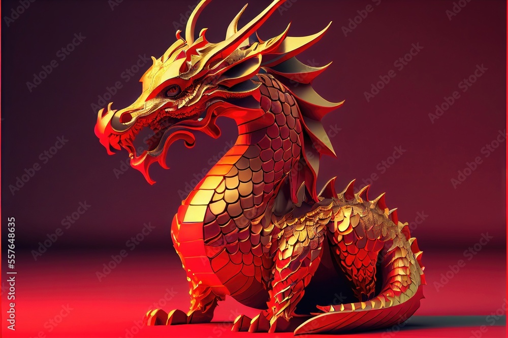 Naklejka premium Red and Gold Dragon - The male Yang element in Chinese culture, this dragon represents strength, health, and good luck. It is a powerful authority figure in traditional gold and red colors