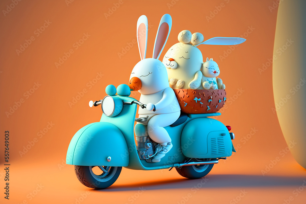 cute fat rabbit, driving a motorcycle with a sidecar. Generative AI
