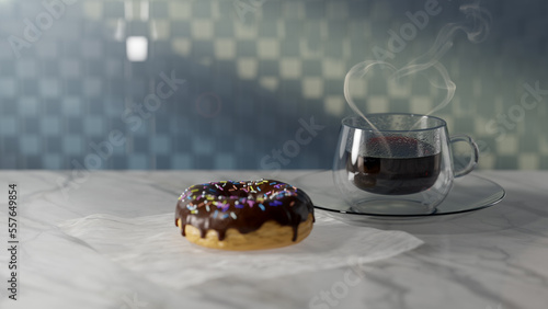 a cup of coffee and chocolate donut with heart shape of smoke on the mable table,3D Rendering