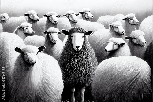 A herd of white sheep with ...