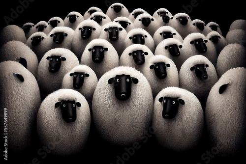 A herd of white sheep with ...
