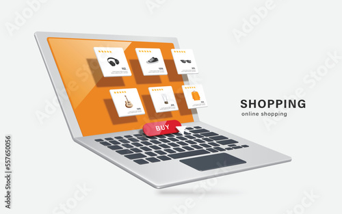 Template or Mockup as for product placement on laptop computer online shopping app ,many products are displayed on laptop