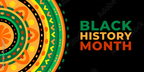 Black history month vector banner. Ornament with African colors and pattern. African-American History Month illustration for social media, card, poster on black background.
