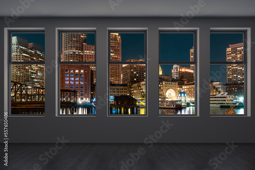 Panoramic picturesque city view of Boston at night time from modern empty room interior, Massachusetts. An intellectual, technological and political center. Night 3d rendering.