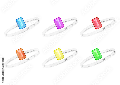 エメラルドカットの指輪　ジュエリー水彩イラストセット