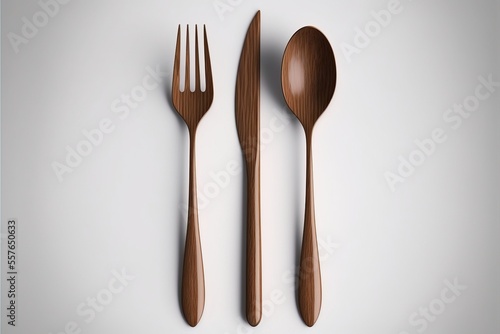 set of Wooden fork, spoon, and knife placed on a white background