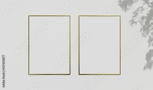 Mock up photo frame on the white wall with tree shadow	
