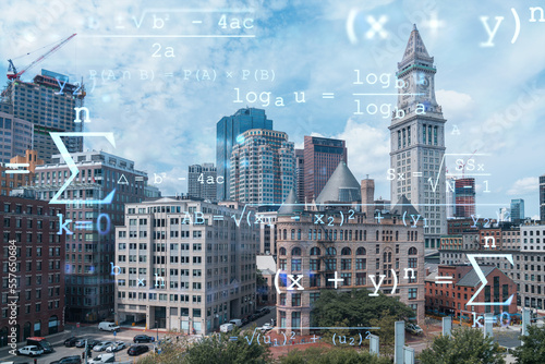 Financial downtown city view panorama of Boston from Harbour area at day time  Massachusetts. Technological and educational concept. Academic research and top ranking universities  hologram