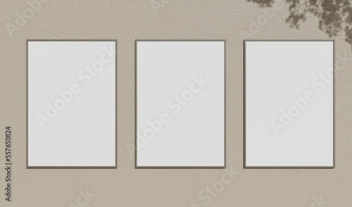 Mock up photo frame on the white wall with tree shadow	
