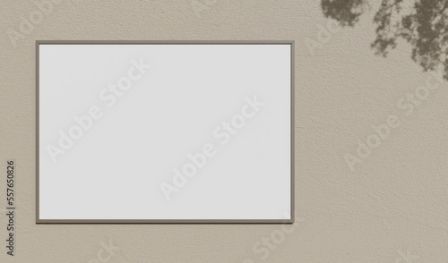 Mock up photo frame on the white wall with tree shadow	
