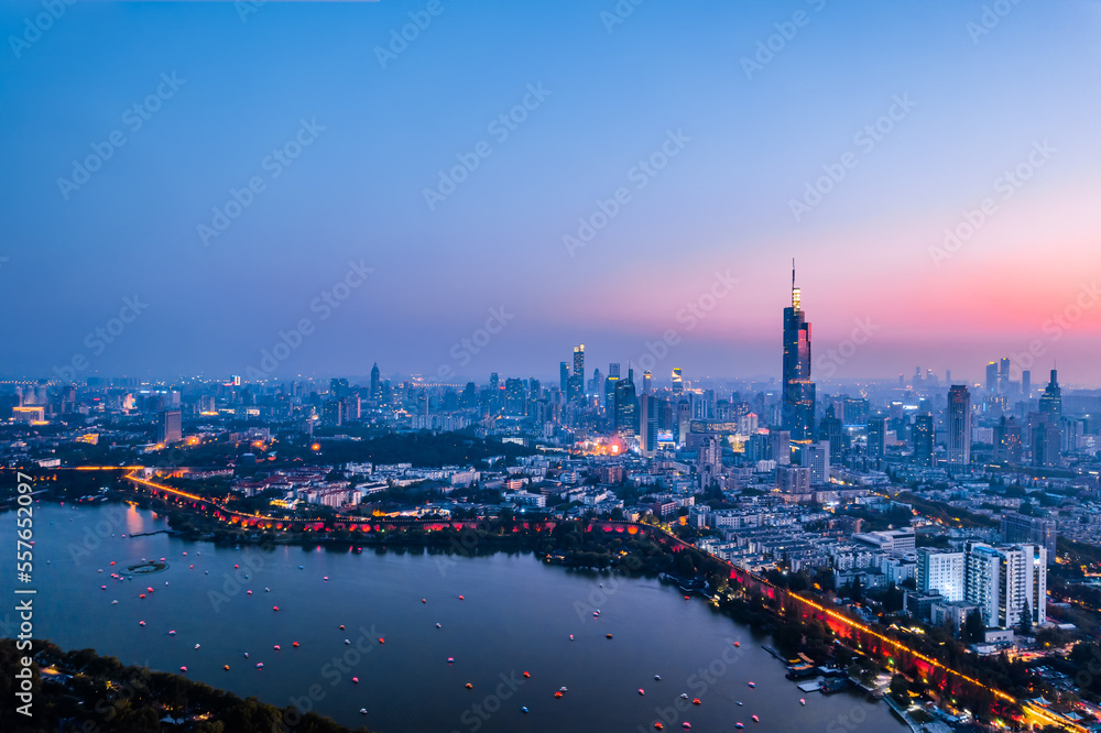 Naklejka premium Aerial view of the skyline of Xuanwu Lake and Zifeng Building in Nanjing, China