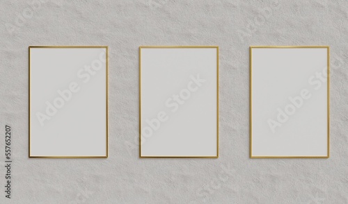 Mock up gold photo frame on the white wall 