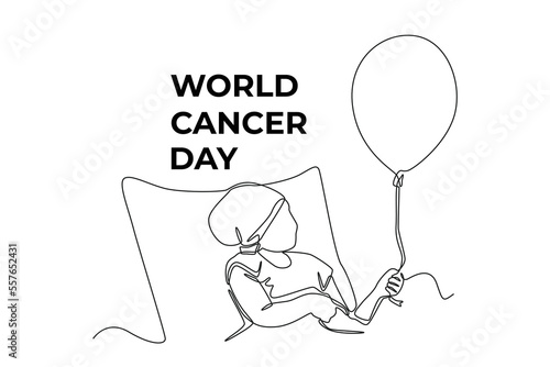 Single one line drawing happy patient kid holding balloon on bed. World cancer day concept. Continuous line draw design graphic vector illustration.