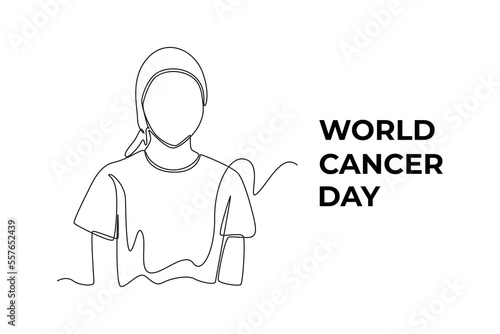 Single one line drawing little girl cover her head with hat or headscarf. World cancer day concept. Continuous line draw design graphic vector illustration.