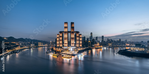 High angle night view of Chaotianmen Wharf in Chongqing, China photo