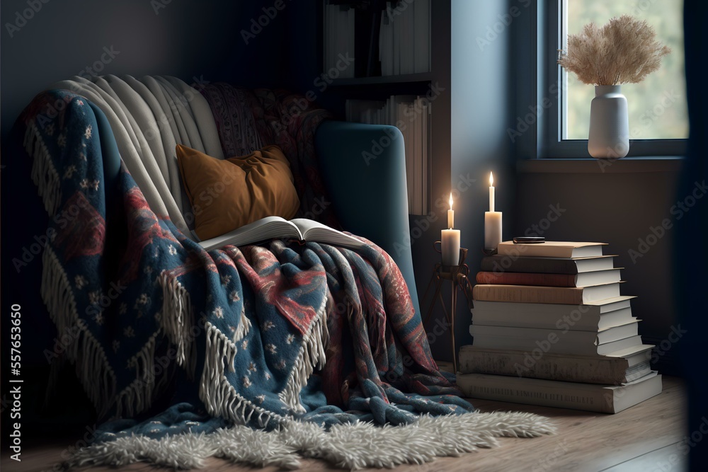 cosy reading nook with a soft, furry rug and a warm throw blanket, evoking feelings of relaxation and enjoyment (AI Generated) - obrazy, fototapety, plakaty 