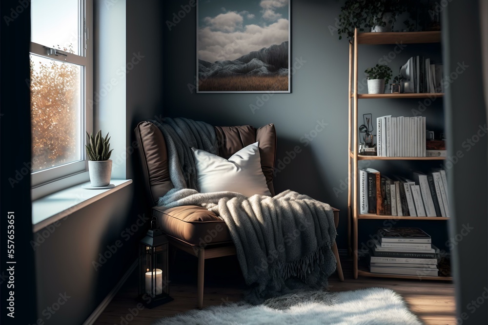 cosy reading nook with a soft, furry rug and a warm throw blanket, evoking feelings of relaxation and enjoyment (AI Generated) - obrazy, fototapety, plakaty 