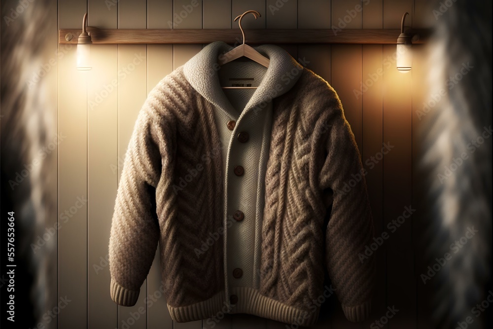 warm, wool sweater or coat hanging on a rack or hook, evoking feelings of comfort and relaxation, as the soft, plush fabric invites you to sink in and unwind after a long day (AI Generated)