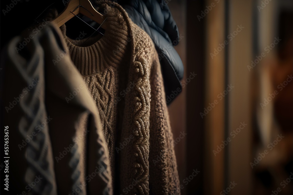 Fototapeta premium warm, wool sweater or coat hanging on a rack or hook, evoking feelings of comfort and relaxation, REALISTIC (AI Generated)