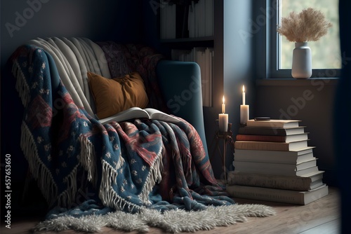cosy reading nook with a soft, furry rug and a warm throw blanket, evoking feelings of relaxation and enjoyment (AI Generated) photo