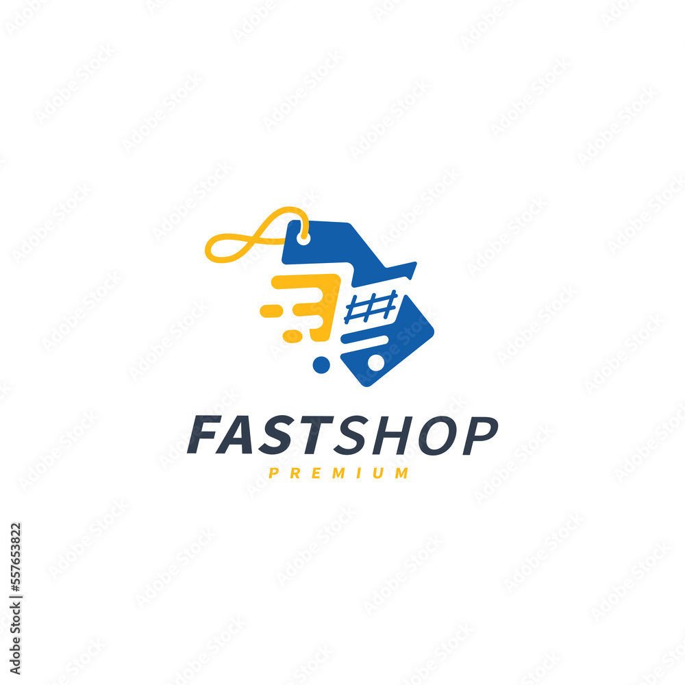 price tag icon with trolley, fast shopping concept for online shop logo design