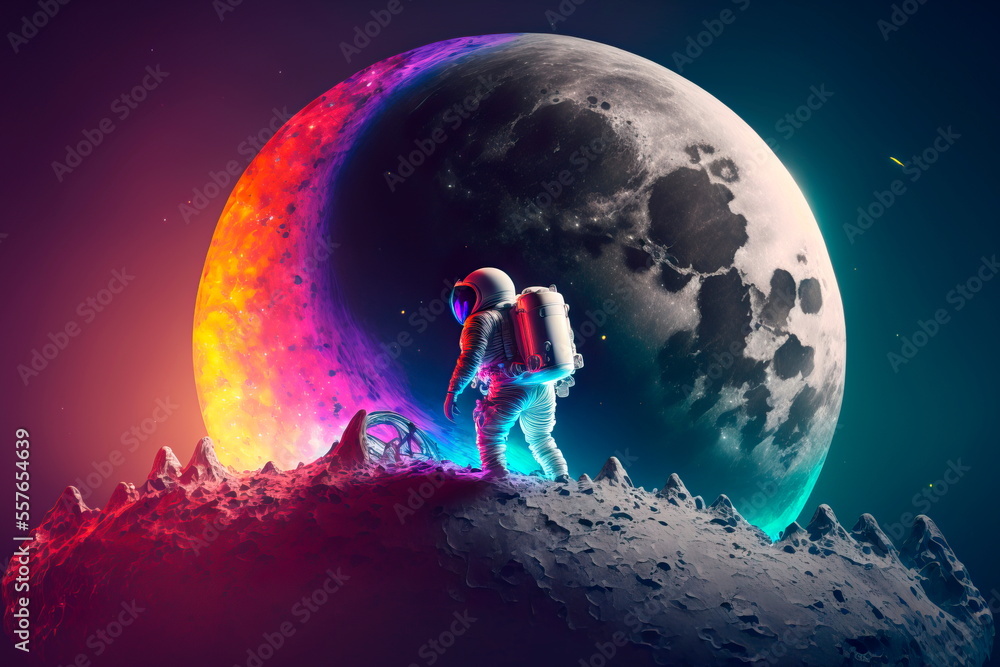 Colorful Space Background . Astronaut on a rocket on the background of the moon and space.