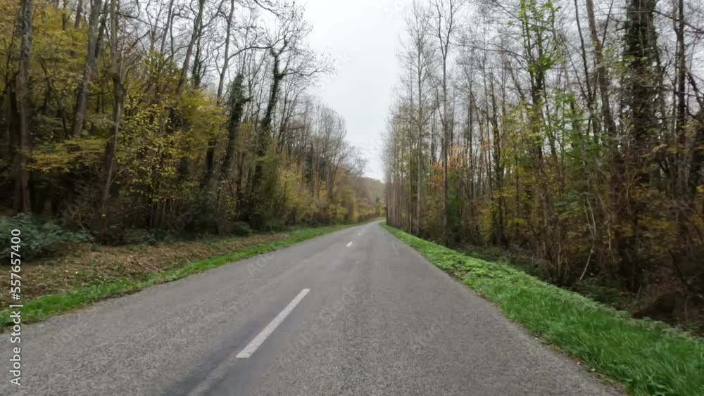 A winding road through the forests in the French Alps. Near the city of Lyon - a cloudy winter sky A winding road through the forests in the French Alps. Near the city of Lyon - a cloudy winter sky