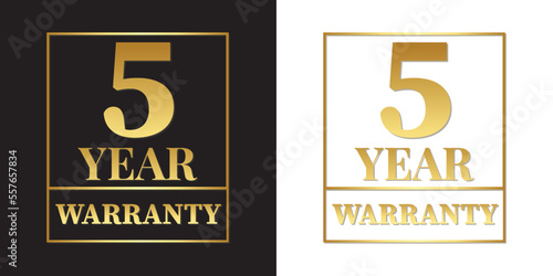5 year warranty logo with golden shield and golden ribbon.Vector illustration.