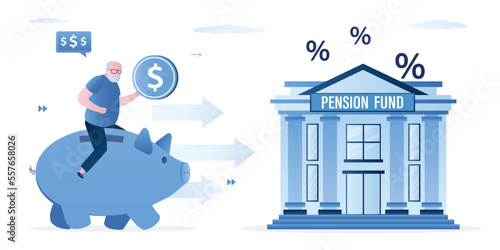 Grandfather rides on piggy bank to pension fund. Protection of retirement savings in bank. High percentage of profit on bank deposit. Smart elderly man, money management. Passive income.