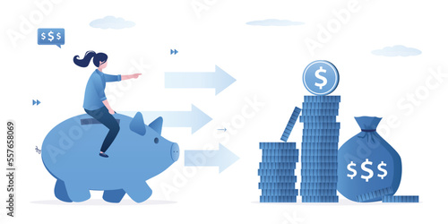 Smart woman ride piggy bank to wealth. Protection of savings in bank. High percentage of profit on bank deposit. Good money management, way to profit, passive income.