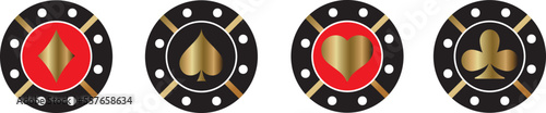 Set of gold and black poker chips, token with suits on white. Diamonds, clubs, hearts, spades. Vector illustration for casino, game design, flyer, poster, banner, web, advertising