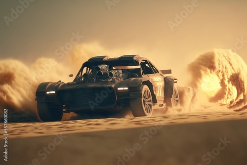 a mad race in the desert. Post-apocalyptic. racing. Generative AI © Gasi