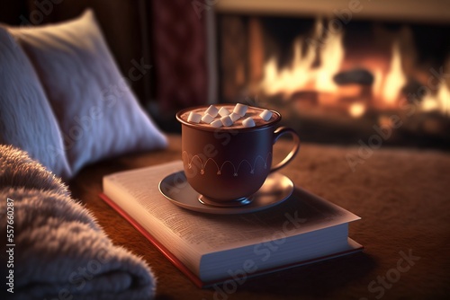 coffee beside sofa and  burning fireplace, generative ai composite