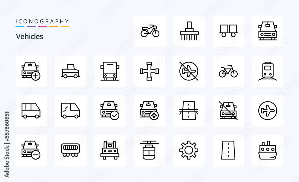 25 Vehicles Line icon pack. Vector icons illustration
