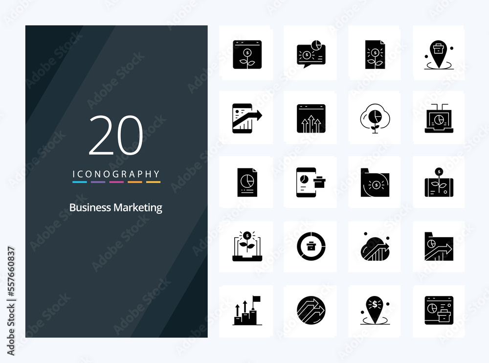 20 Business Marketing Solid Glyph icon for presentation. Vector icons illustration