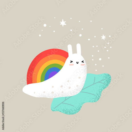 Cute childish print with animal snail with rainbow shell. For postcard, poster, applying to fabric, paper, t-shirt, Kids clothing. Flat vector illustration. Hand drawn style.