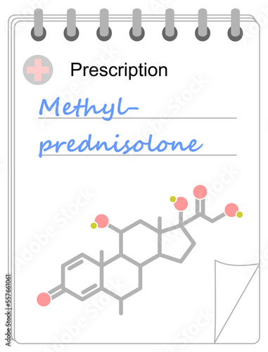 Medical prescription pad. Simplified formula icon of methylprednisolone.