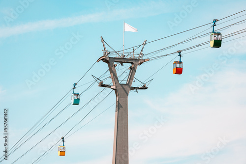 Cable car gondolas transporting tourists from station in Rheinpark in Cologne, Germany. Sightseeing and attractions concept