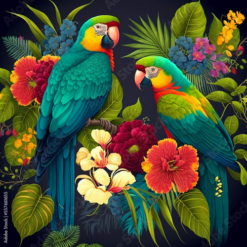 tropical pattern with parrots and flowers 