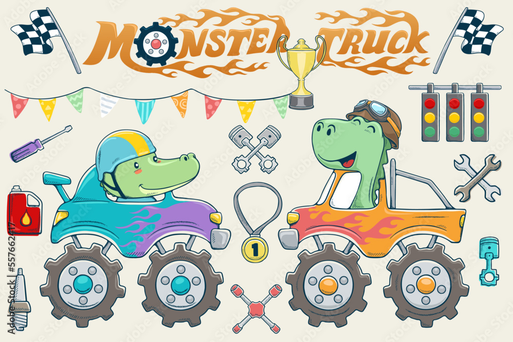 Vector illustration of hand drawn monster truck cartoon with funny ...