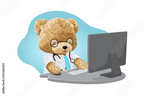 Vector illustration of hand drawn teddy bear cartoon in doctor uniform operate computer