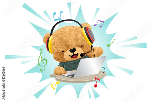 Vector illustration of hand drawn teddy bear cartoon with laptop enjoying music