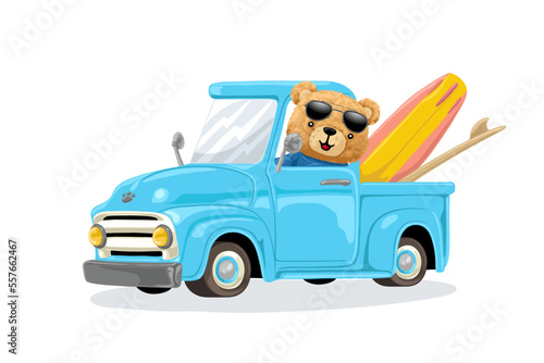 Vector illustration of hand drawn teddy bear cartoon driving truck carrying surfboards