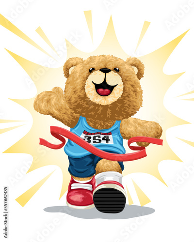 Vector illustration of hand drawn teddy bear winning a race
