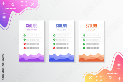 Pricing table design, Pricing plan or subscription web UI elements, Website marketing or promotion interface template, Product comparison table