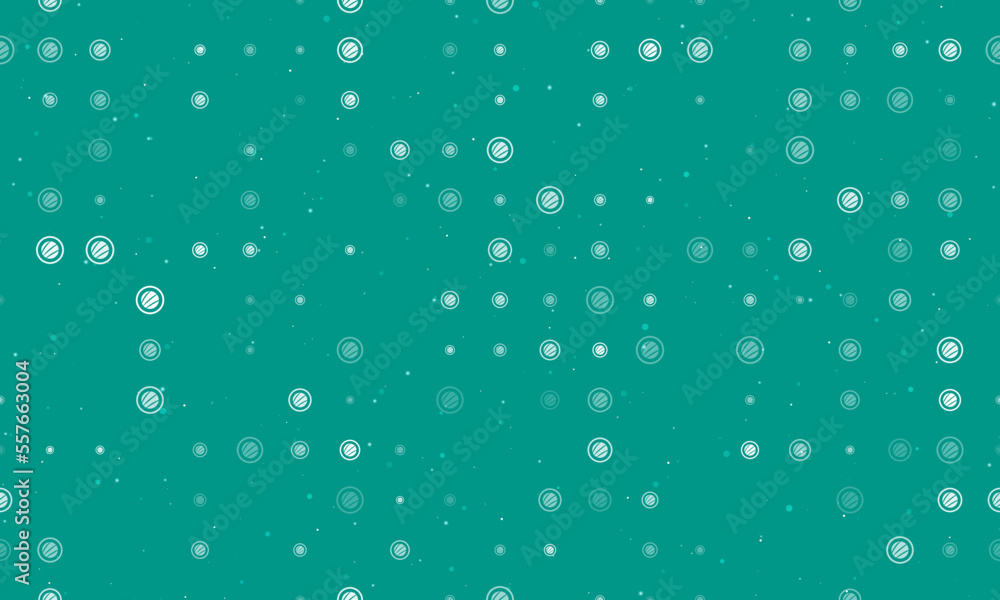 Seamless background pattern of evenly spaced white sushi roll symbols of different sizes and opacity. Vector illustration on teal background with stars