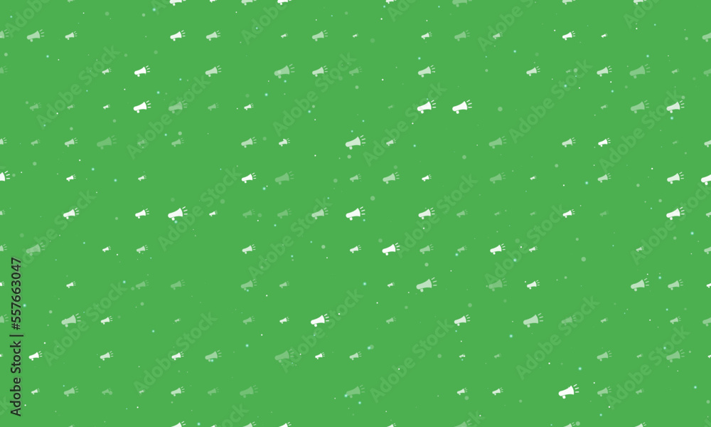 Seamless background pattern of evenly spaced white megaphone symbols of different sizes and opacity. Vector illustration on green background with stars Seamless background pattern of evenly spaced white megaphone symbols of different sizes and opacity. Vector illustration on green background with stars