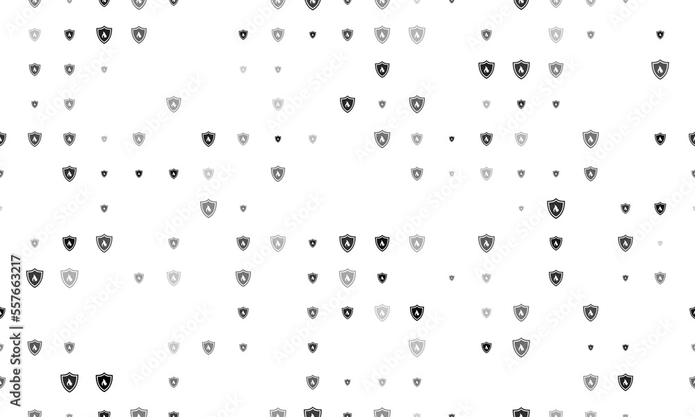 Seamless background pattern of evenly spaced black fire protection symbols of different sizes and opacity. Vector illustration on white background