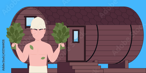a wooden bath-barrel and a man with two brooms in his hands. vector